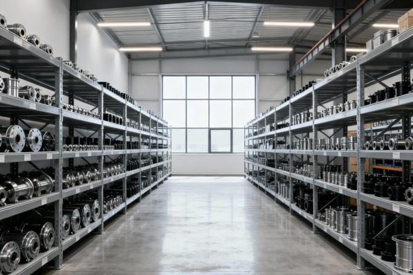 Interior de um depósito moderno com prateleiras de peças industriais